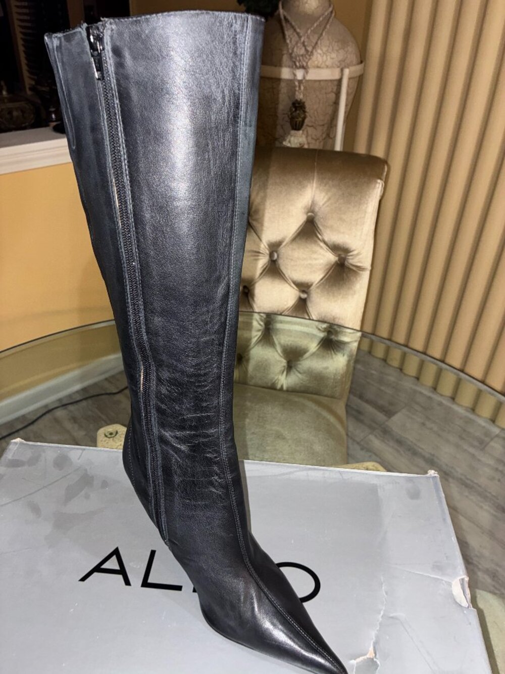 NIB! ALDO Black Genuine Leather Knee High Side Zip Heeled Boots EU39/8.5M